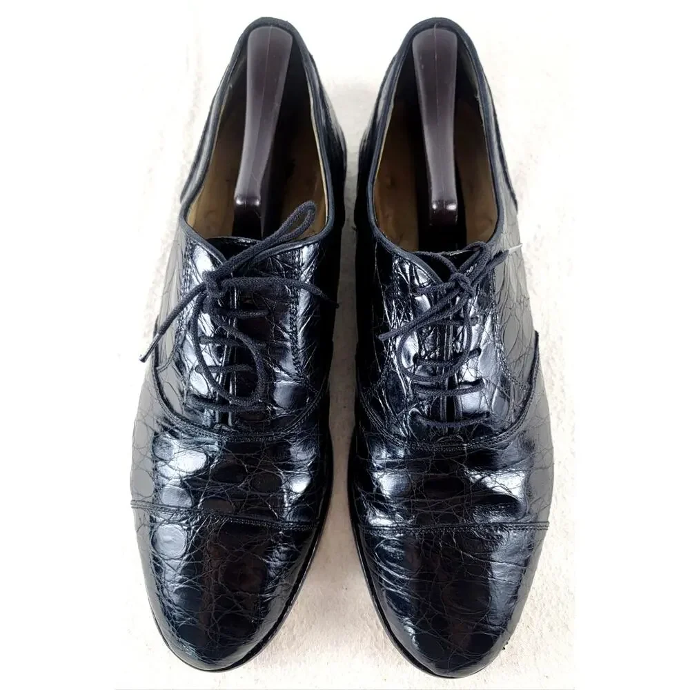 Zelli Genuine Alligator Cap Toe Oxford Shoes Black 10.5M Italy Luxury Exotic